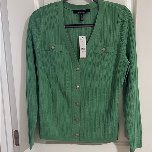 White House Black Market Lush Jade Medium Snap Front Cardigan & V-neck Tank - Picture 3 of 11